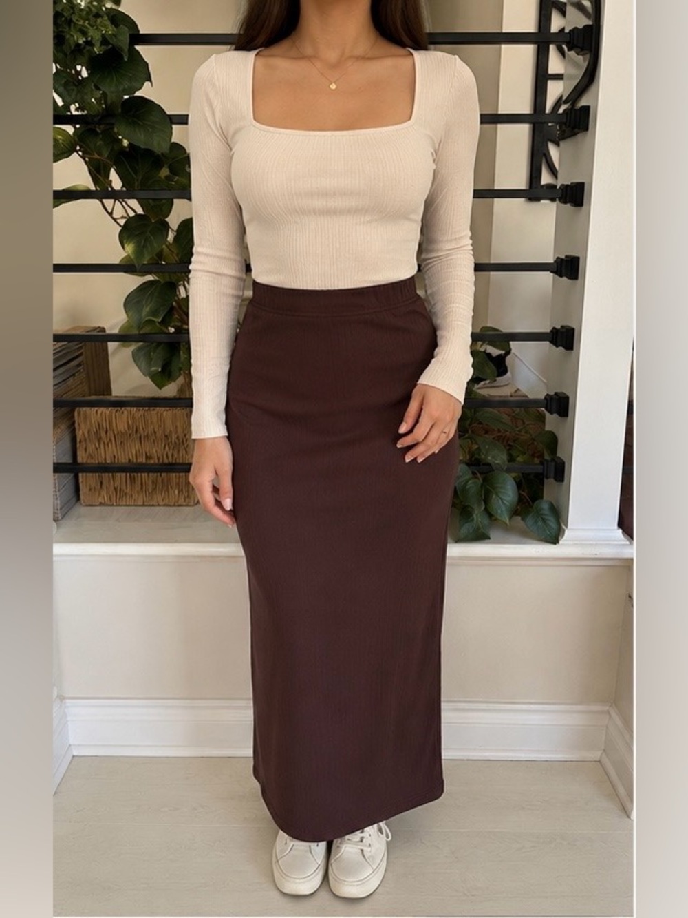SHEIN Brown Ribbed High Waist Maxi Skirt Size Small